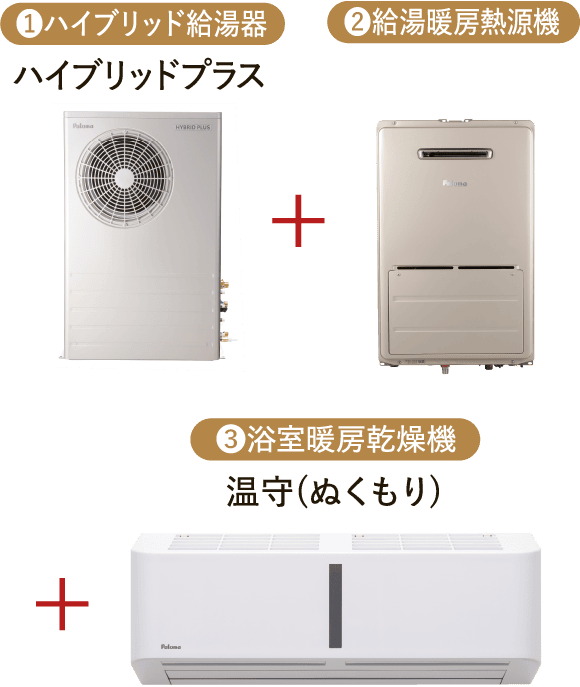 ❶ハイブリッド給湯器 ハイブリッドプラス＋❷給湯暖房熱源機＋❸浴室暖房乾燥機温守(ぬくもり)