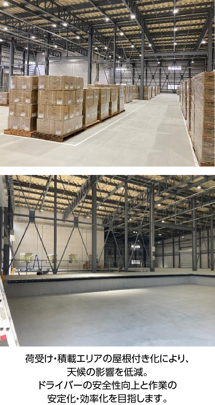 荷受け・積載エリアの屋根付き化により、天候の影響を低減。ドライバーの安全性向上と作業の安定化・効率化を目指します。